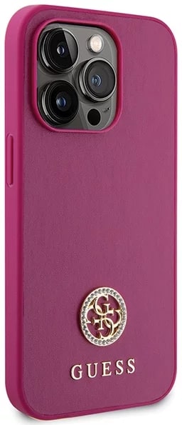 Guess iPhone 15 Pro 4G Strass Metal Logo Θήκη με Επένδυση Συνθετικού Δέρματος - Pink - GUHCP15LPS4DGPP