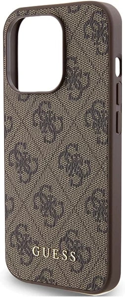 Guess iPhone 15 Pro - 4G Metal Gold Logo Σκληρή Θήκη με Επένδυση Συνθετικού Δέρματος - Brown - GUHCP15LG4GFBR