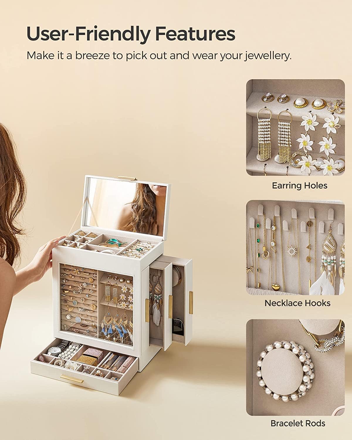 Songmics Φορητό Κουτί Αποθήκευσης Κοσμημάτων με Καθρέπτη - Cloud White - JBC162W01