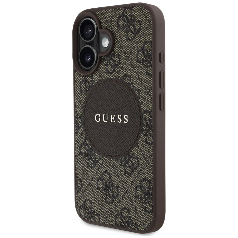 Guess iPhone 16 - 4G Circle Classic Logo - MagSafe Θήκη με Επένδυση Συνθετικού Δέρματος - Brown - GUHMP16SP4PGRSGW