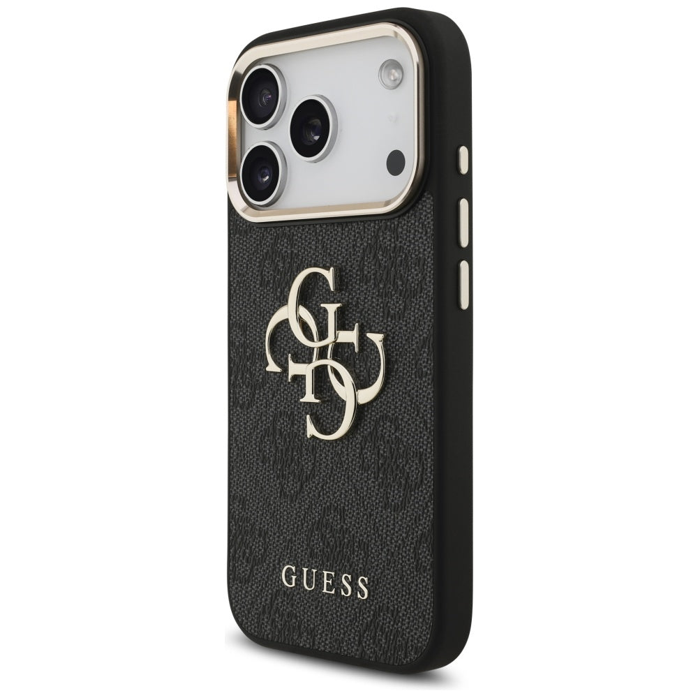Guess iPhone 17 Pro - 4G Big 4G Classic Logo - Σκληρή Θήκη με Πλαίσιο Σιλικόνης και Επένδυση από Οικολογικό Δέρμα - Black / Gold - GUHCP17L4GMGCGR