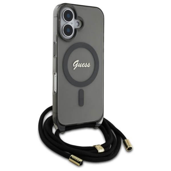 Guess iPhone 16 - Crossbody Cord Script MagSafe - Σκληρή Θήκη με Πλαίσιο Σιλικόνης και Λουράκι - Black - GUHMP16SHCTSGNSK