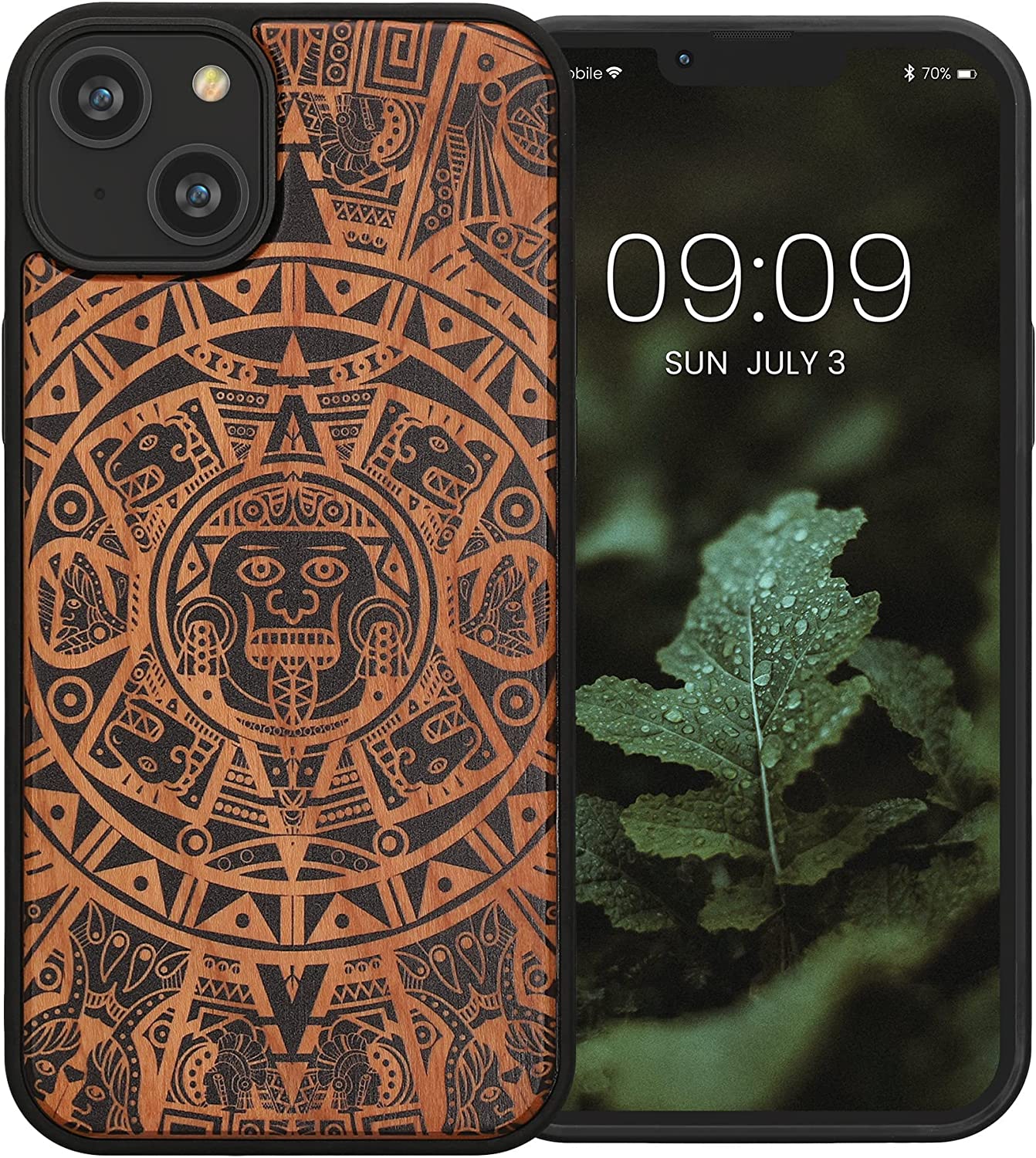 KW iPhone 14 Plus Θήκη από Φυσικό Ξύλο Design Mayan Calendar - Brown / Black - 59125.02