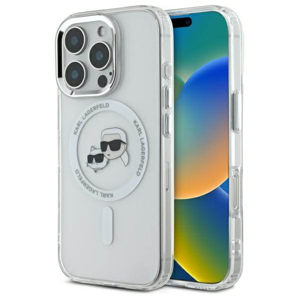 Karl Lagerfeld iPhone 16 Pro Max - IML Metal Karl and Choupette Head - Σκληρή Θήκη με Πλαίσιο Σιλικόνης και MagSafe - White - KLHMP16XHLSKCH