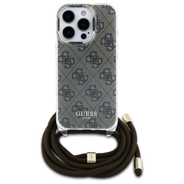Guess iPhone 16 Pro Max - Crossbody Cord 4G Print - Σκληρή Θήκη με Πλαίσιο Σιλικόνης και Λουράκι - Brown - GUHCP16XHC4SEW