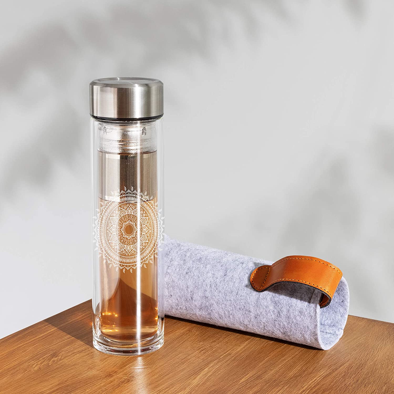 Navaris Γυάλινο Μπουκάλι Τσαγιού με Θήκη μεταφοράς - 500ml - Design Indian Sun - Clear - 52420.2.02