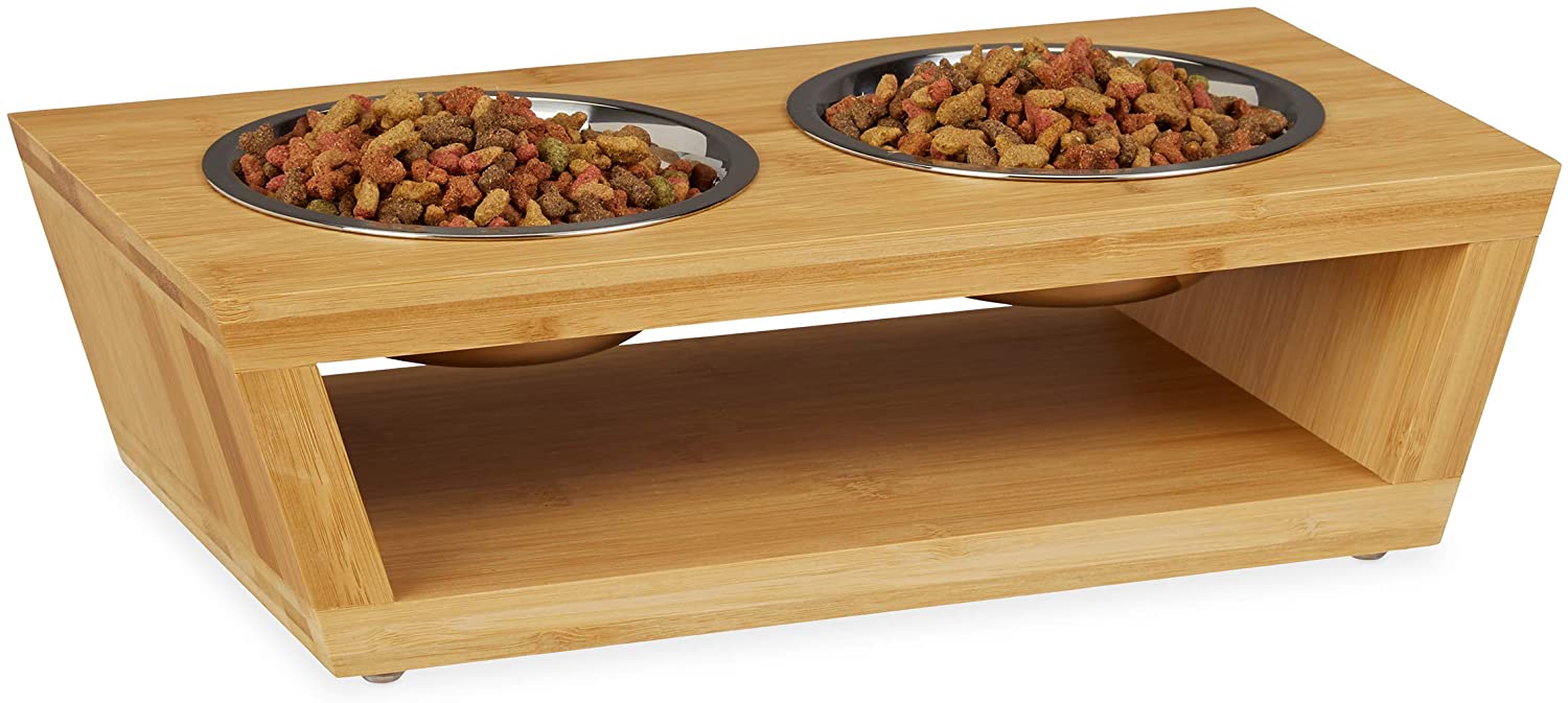 Relaxdays Σετ με 2 Μπολ από Ανοξείδωτο Ατσάλι σε Βάση από Μπαμπού για Κατοικίδια - 300 ml - Natural - 4052025227708