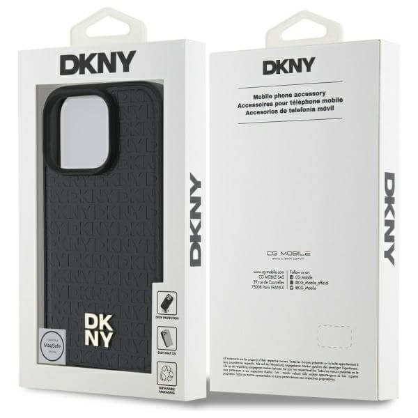DKNY iPhone 16 Pro - Repeat Pattern Stack Logo MagSafe - Σκληρή Θήκη με Επένδυση Συνθετικού Δέρματος - Black