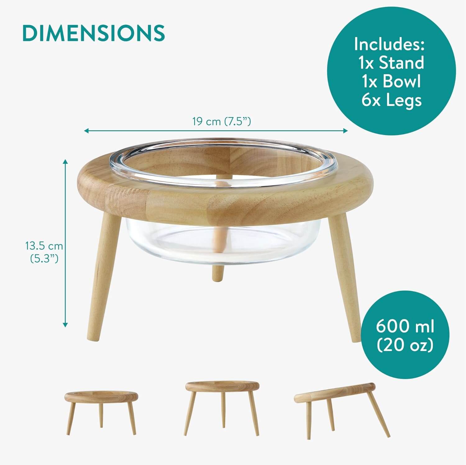 Navaris Ανυψωμένο Γυάλινο Μπολ Φαγητού με Ξύλινη Βάση για Κατοικίδια - 600 ml - Διάφανο / Wood
