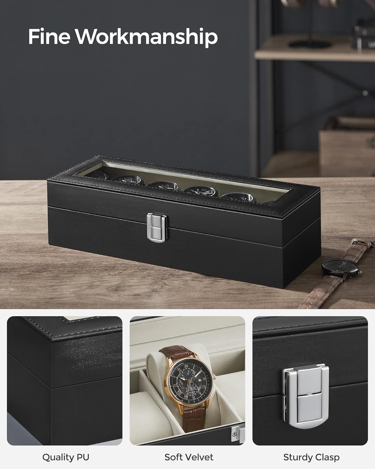 Songmics Θήκη Αποθήκευσης για 6 Ρολόγια - Black / Beige - JWB06BE