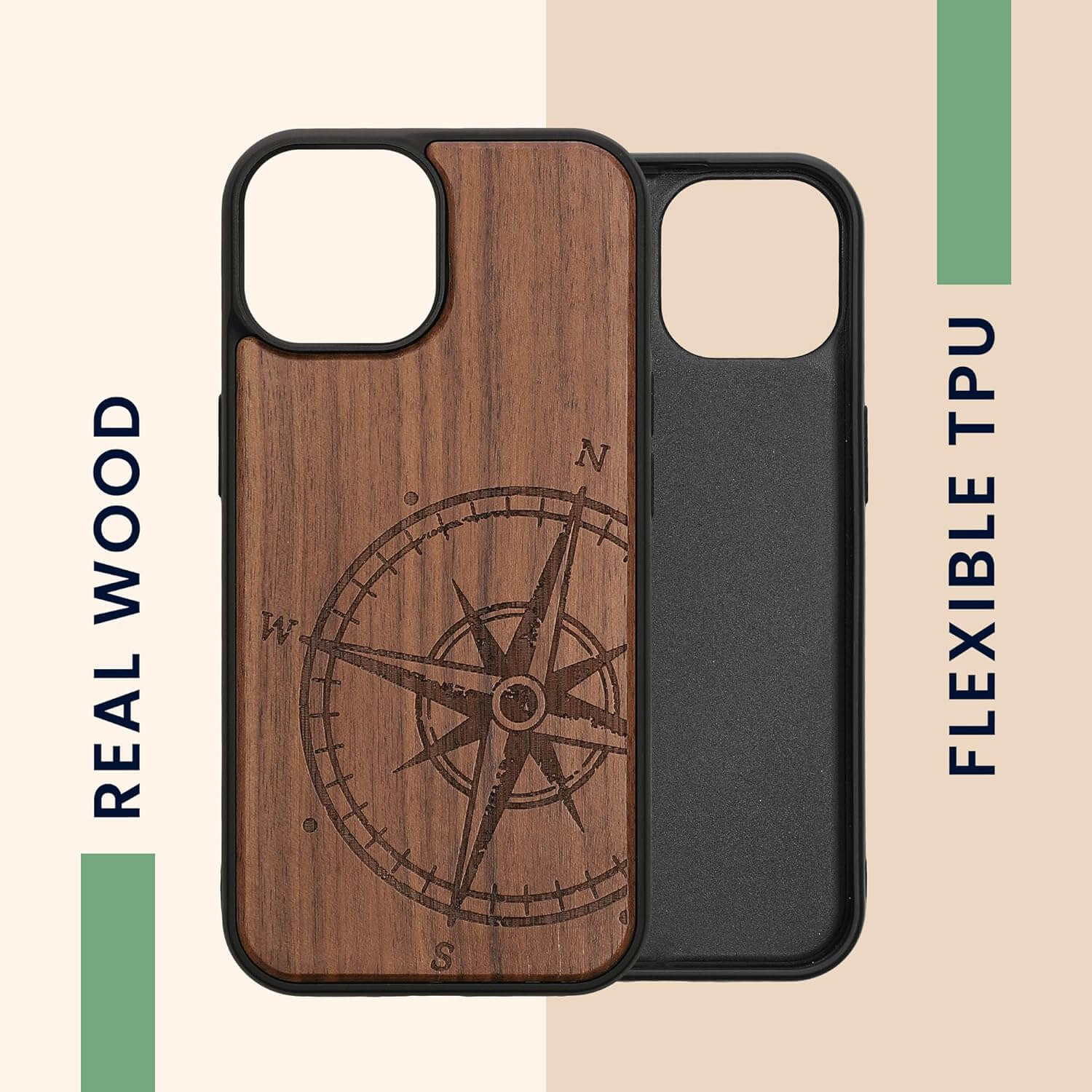 KW iPhone 15 Θήκη από Φυσικό Ξύλο - Design Vintage Compass - Dark Brown - 62011.01