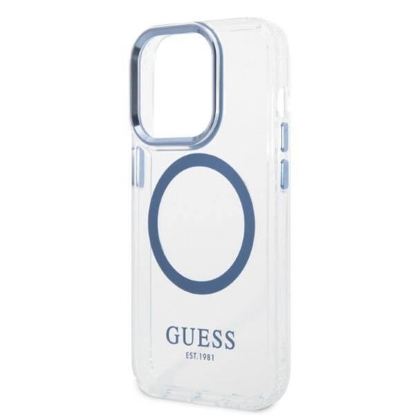 Guess iPhone 14 Pro Max Metal Outline MagSafe Σκληρή Θήκη με Πλαίσιο Σιλικόνης και MagSafe - Blue / Clear - GUHMP14XHTRMB