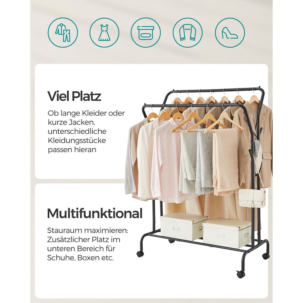 Songmics Τροχήλατη Κρεμάστρα Pούχων με 2 Pάγες και Ράφι - Ράγα Ρούχων - 52.5 x 103.5 x 155 cm - Black - HSR107B01