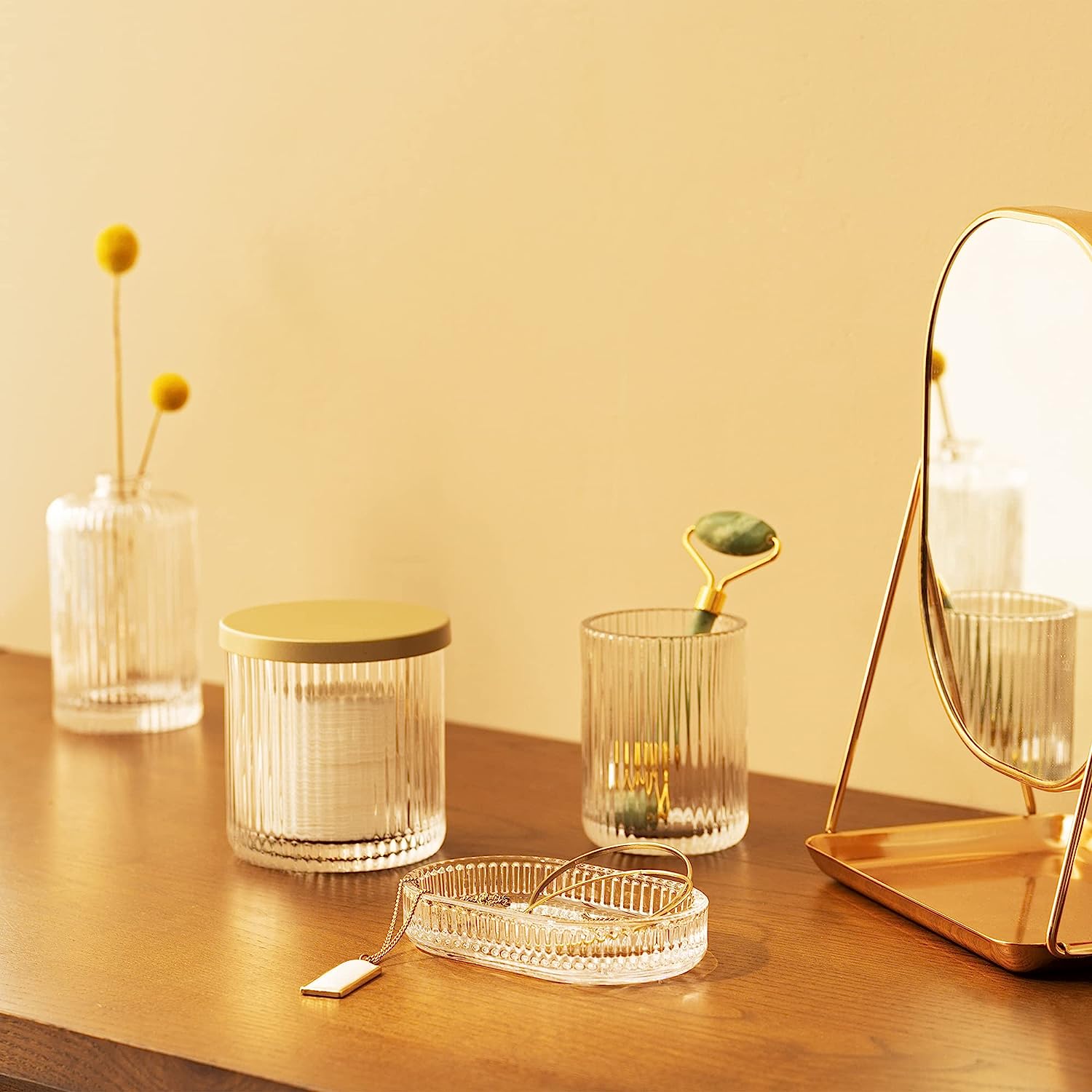 Navaris Γυάλινο Σετ 4 Τεμαχίων Αξεσουάρ Μπάνιου - Διάφανο / Metallic Gold - 60589.21