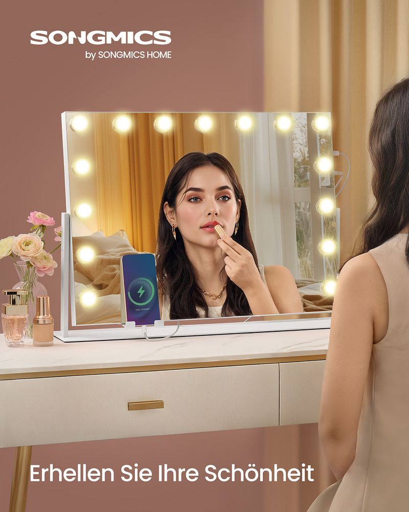 Songmics Επιτραπέζιος Καθρέφτης Μακιγιάζ με Φωτισμό LED και Κουμπιά Αφής - Matte White - LWM001W02