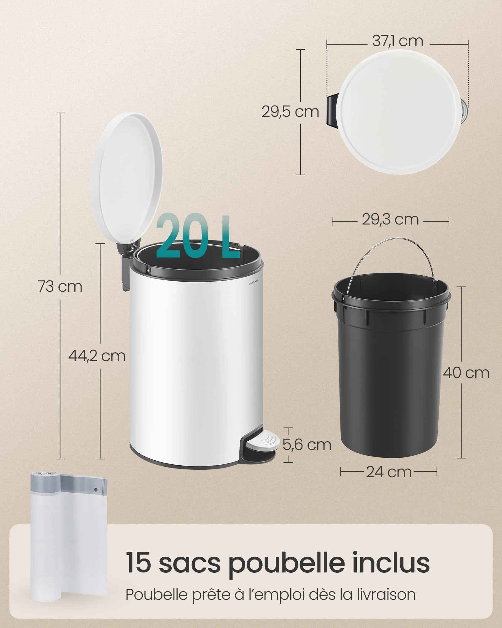 Songmics Κάδος Απορριμμάτων - 20L - Cloud White - LTB021WZ01