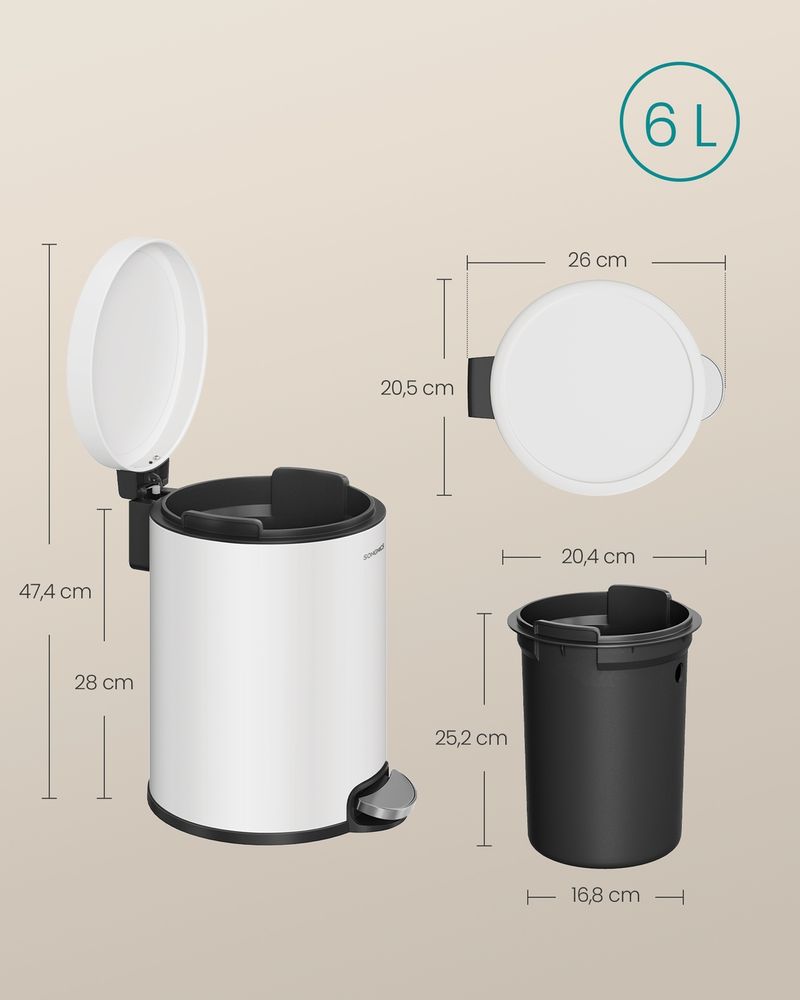 Songmics Κάδος Απορριμμάτων για το Μπάνιο - 6L - Cloud White - LTB016WZ02
