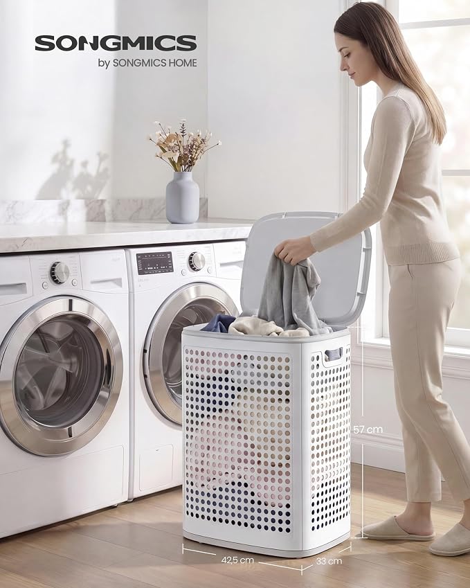 Songmics Καλάθι Απλύτων με Καπάκι - 75L - White Grey - RLH021WG01