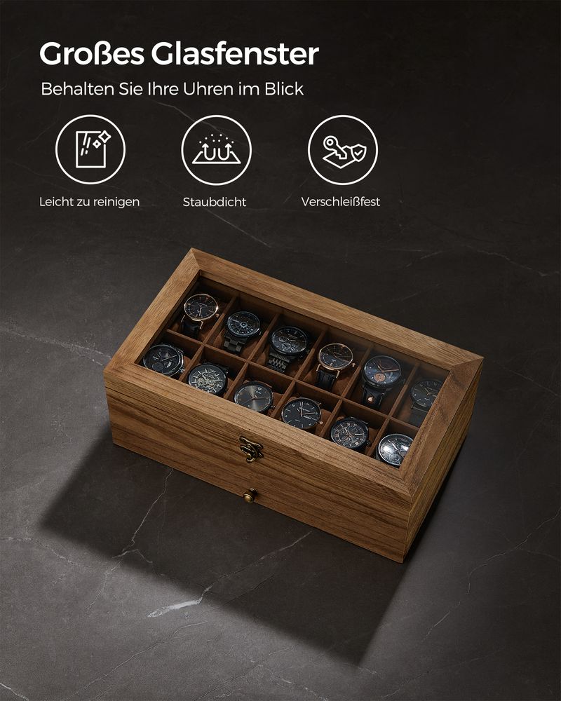 Songmics Κουτί Αποθήκευσης 12 Ρολογιών και Κοσμημάτων - Walnut - JOW012K01