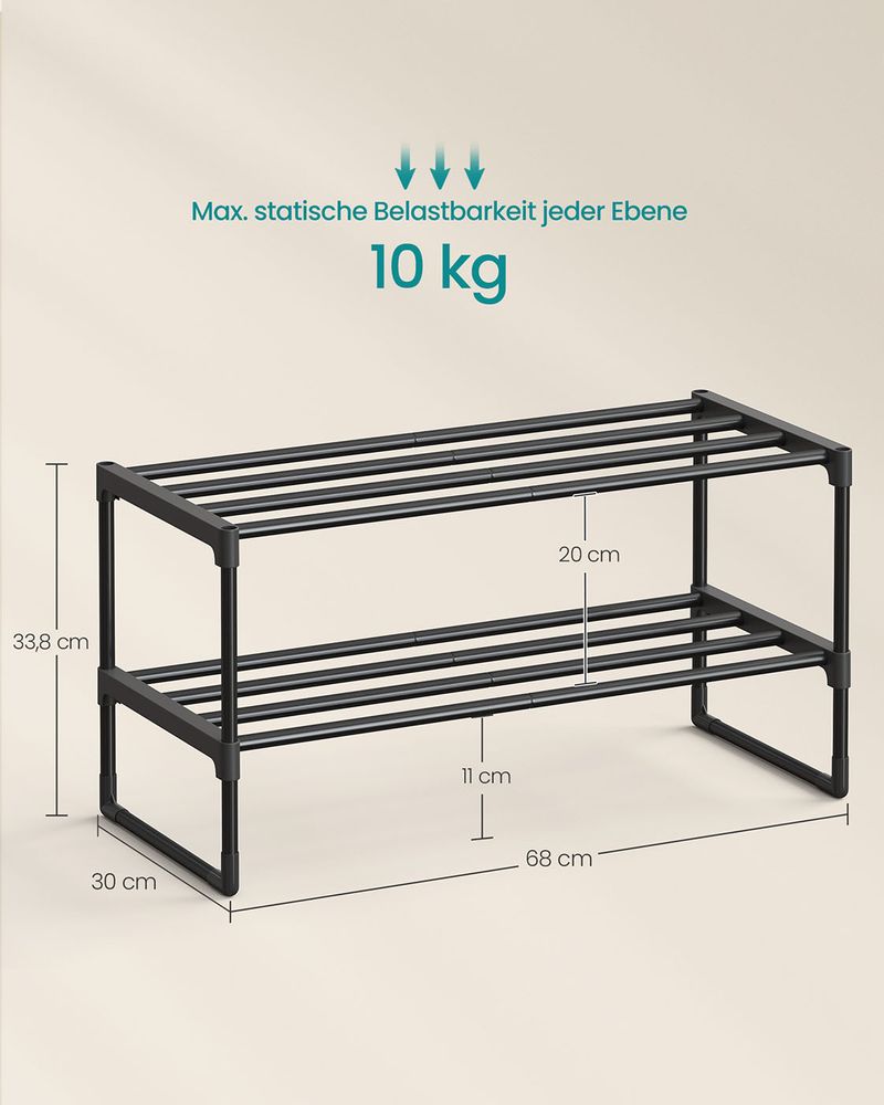 Songmics Μεταλλική Παπουτσοθήκη με 2 Ράφια - 30 x 68 x 33.8 cm - Black - LSA202BH02