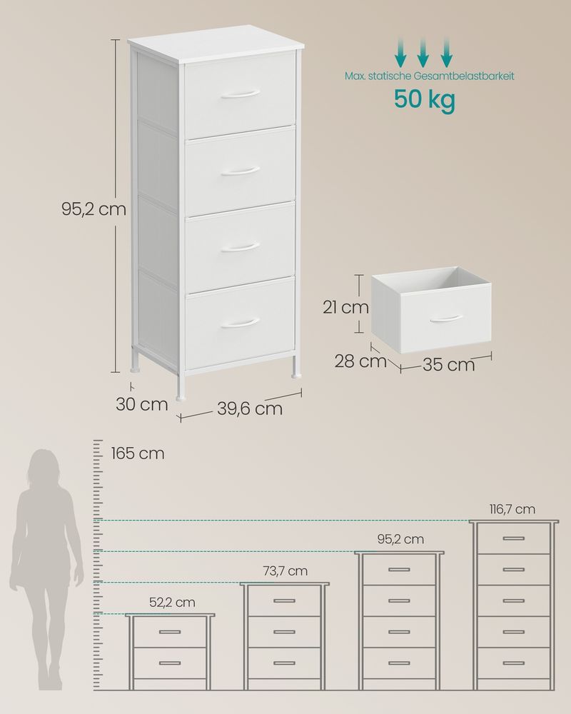 Songmics Συρταριέρα με 4 Υφασμάτινα Συρτάρια - 30 x 39.6 x 95.2 cm - Cloud White / Snow White - LGS314WH01