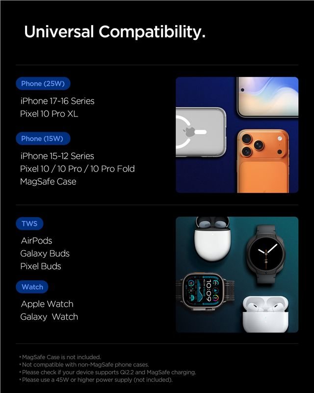 Spigen 3in1 Μαγνητικός Ασύρματος Φορτιστής MagSafe 25W Qi2.2 - ESSENTIAL EF323MQ - Black