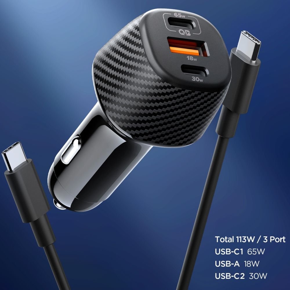 Spigen Φορτιστής Αυτοκινήτου 113W με 2 Θύρες Type - C με 1 Θύρα USB και Καλώδιο Type - C - Essential EV1133 - Black