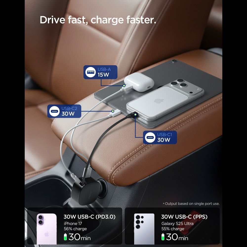Spigen Φορτιστής Αυτοκινήτου 60W με 1 Θύρα Type - C με 1 Θύρα USB και Ενσωματωμένο Καλώδιο Type - C - EV603BT Essential - Black