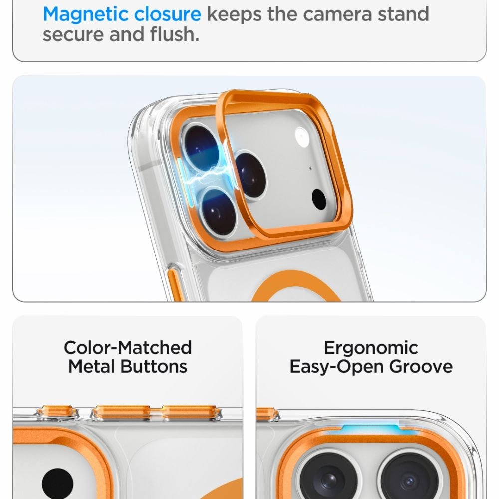 Spigen iPhone 18 Pro / iPhone 17 Pro - Σκληρή Θήκη MagSafe με Πλαίσιο Σιλικόνης Και Stand - Ultra Hybrid Optik S - Clear / Orange
