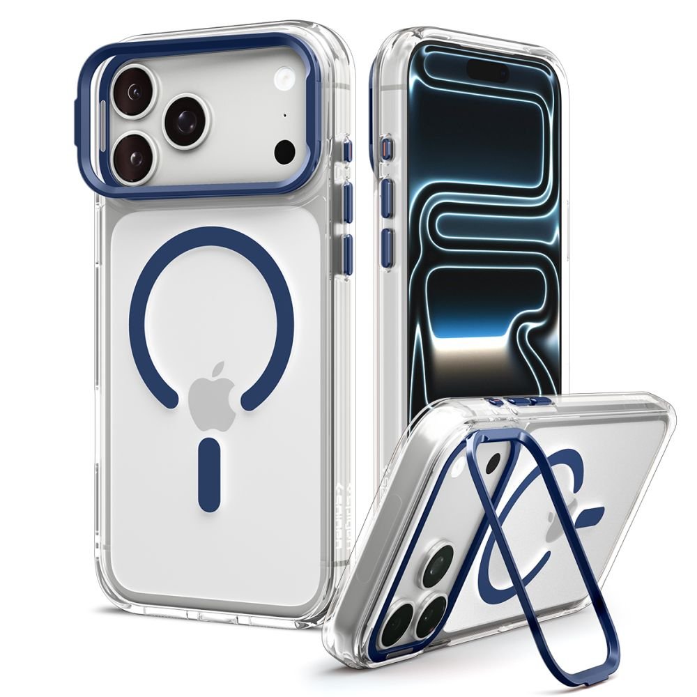 Spigen iPhone 18 Pro Max / iPhone 17 Pro Max - Σκληρή Θήκη MagSafe με Πλαίσιο Σιλικόνης Και Stand - Ultra Hybrid Optik S - Clear / Deep Blue