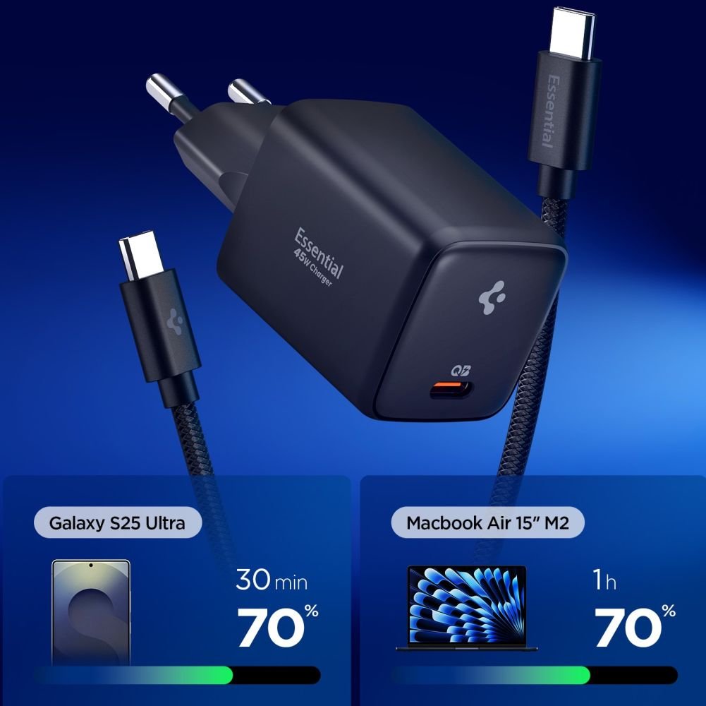 Spigen Οικιακός Φορτιστής Γρήγορης Φόρτισης 45W με 1 Θύρα Type - C και Καλώδιο Type - C to Type - C - EE451EU Essential - Black
