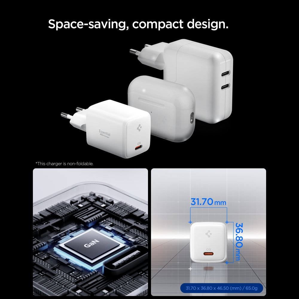 Spigen Οικιακός Φορτιστής Γρήγορης Φόρτισης 45W με 1 Θύρα Type - C και Καλώδιο Type - C to Type - C - EE451EU Essential - White