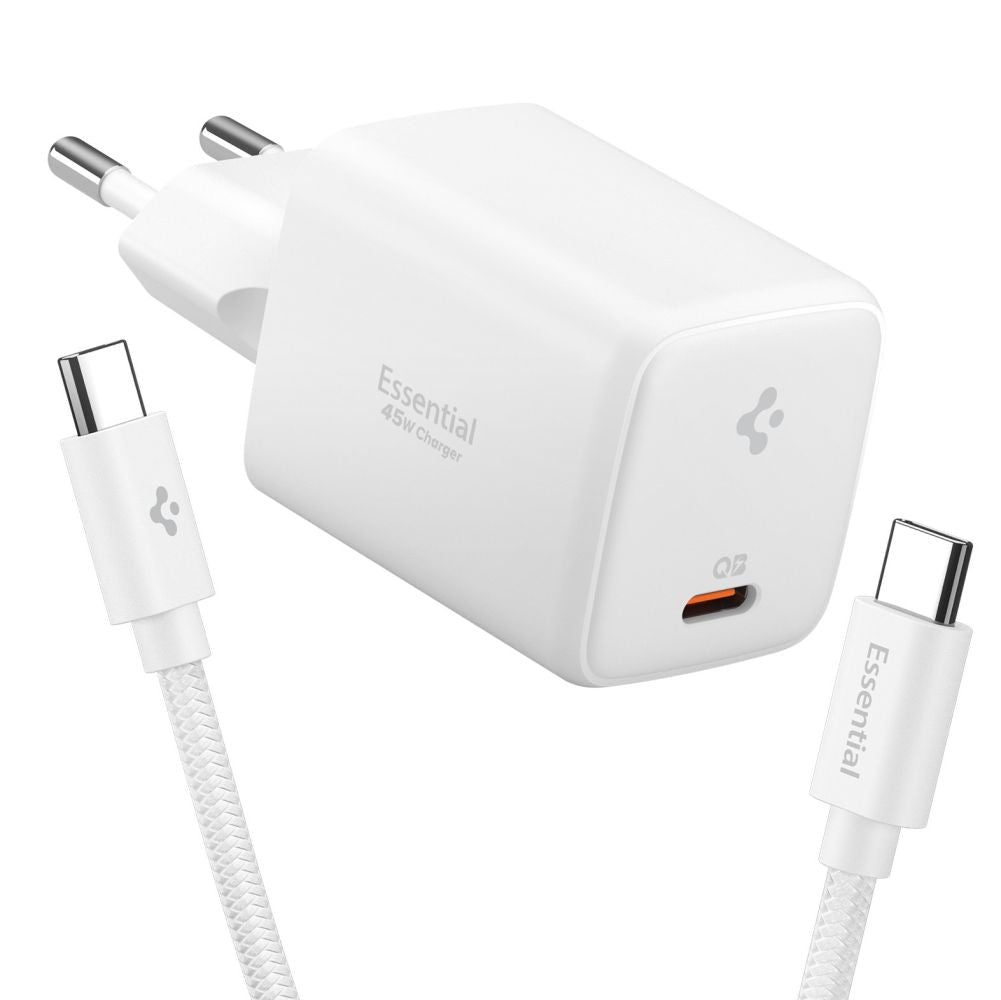 Spigen Οικιακός Φορτιστής Γρήγορης Φόρτισης 45W με 1 Θύρα Type - C και Καλώδιο Type - C to Type - C - EE451EU Essential - White