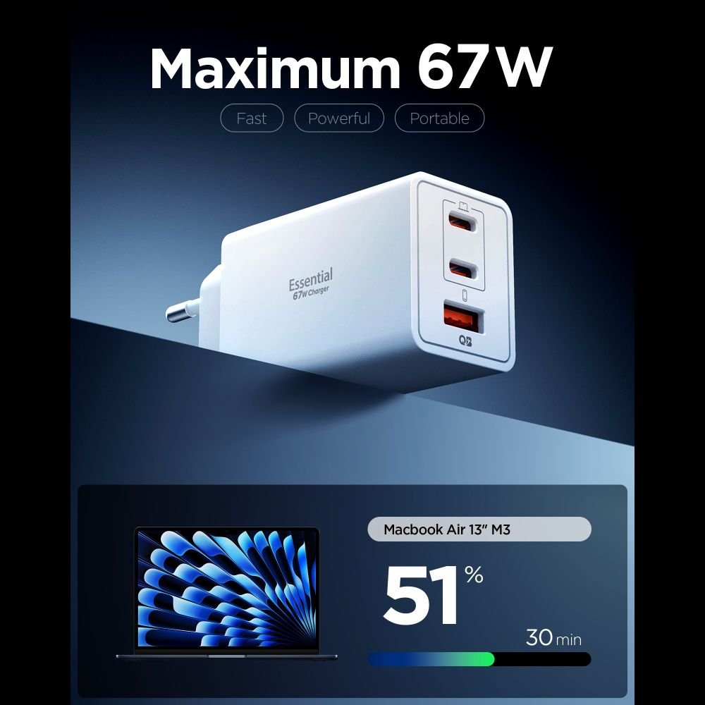 Spigen Οικιακός Φορτιστής Γρήγορης Φόρτισης με 2 Θύρες Type - C και 1 Θύρα USB 67W - Essential EE673EU - White