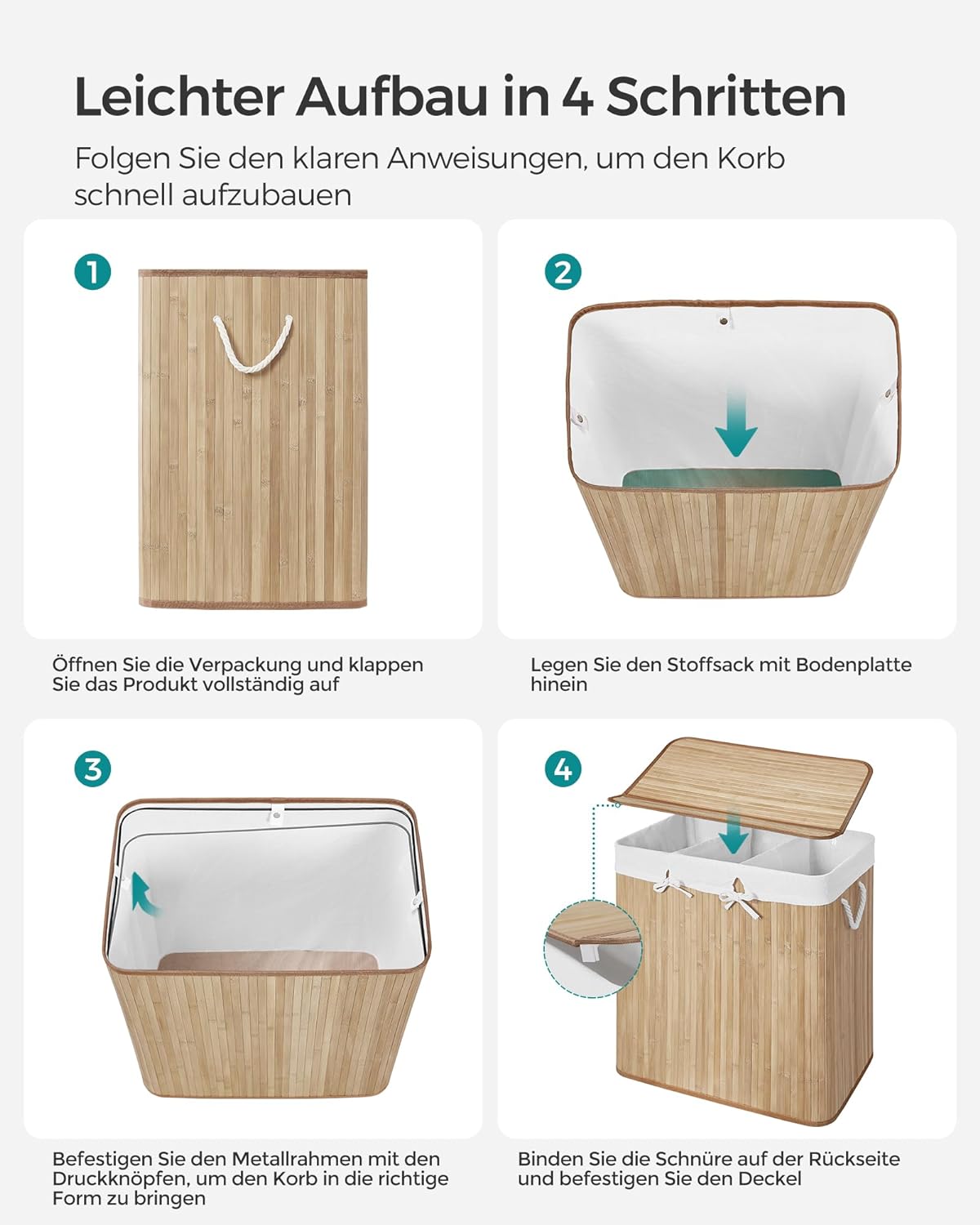 Songmics Καλάθι Απλύτων από Μπαμπού με 3 Διαμερίσματα - 150L - Natural - LCB091N01