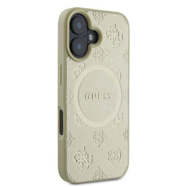 Guess iPhone 16 - Saffiano Peony Classic Logo - MagSafe Σκληρή Θήκη με Πλαίσιο Σιλικόνης και Συνθετικό Δέρμα - Gold - GUHMP16SPSAPSMED