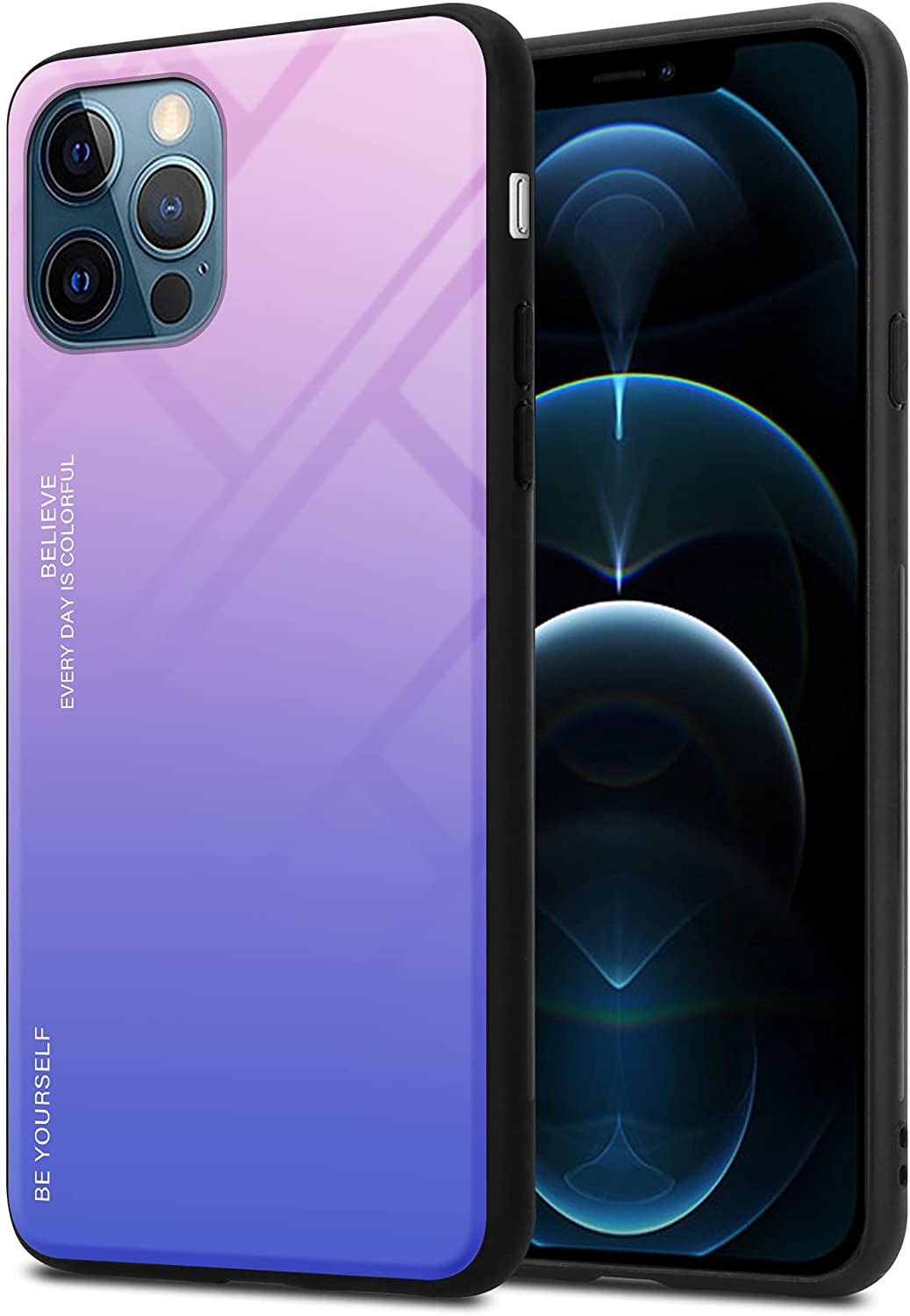 Cadorabo iPhone 12 Pro Max Θήκη με Πλαίσιο Σιλικόνης και Όψη Γυαλιού Tempered Glass - Pink / Blue