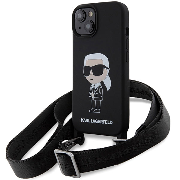 Karl Lagerfeld iPhone 15 Crossbody Silicone Ikonik Σκληρή Θήκη με Πλαίσιο Σιλικόνης και Λουράκι - Black - KLHCP15SSCBSKNK