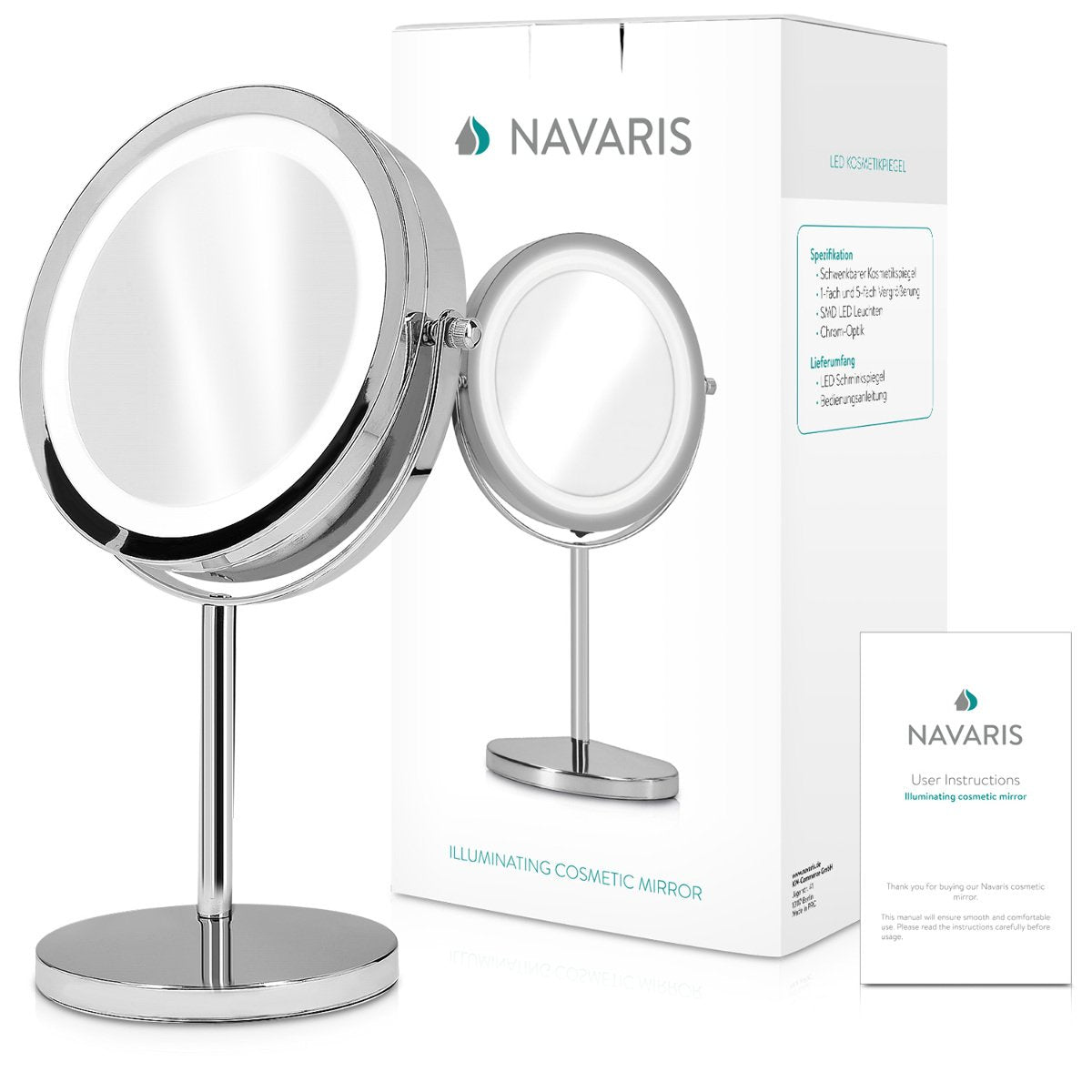 Navaris LED Illuminated Two-Sided Vanity Makeup Mirror - Περιστρεφόμενος Φωτιζόμενος Καθρέπτης LED - Silver - 41188