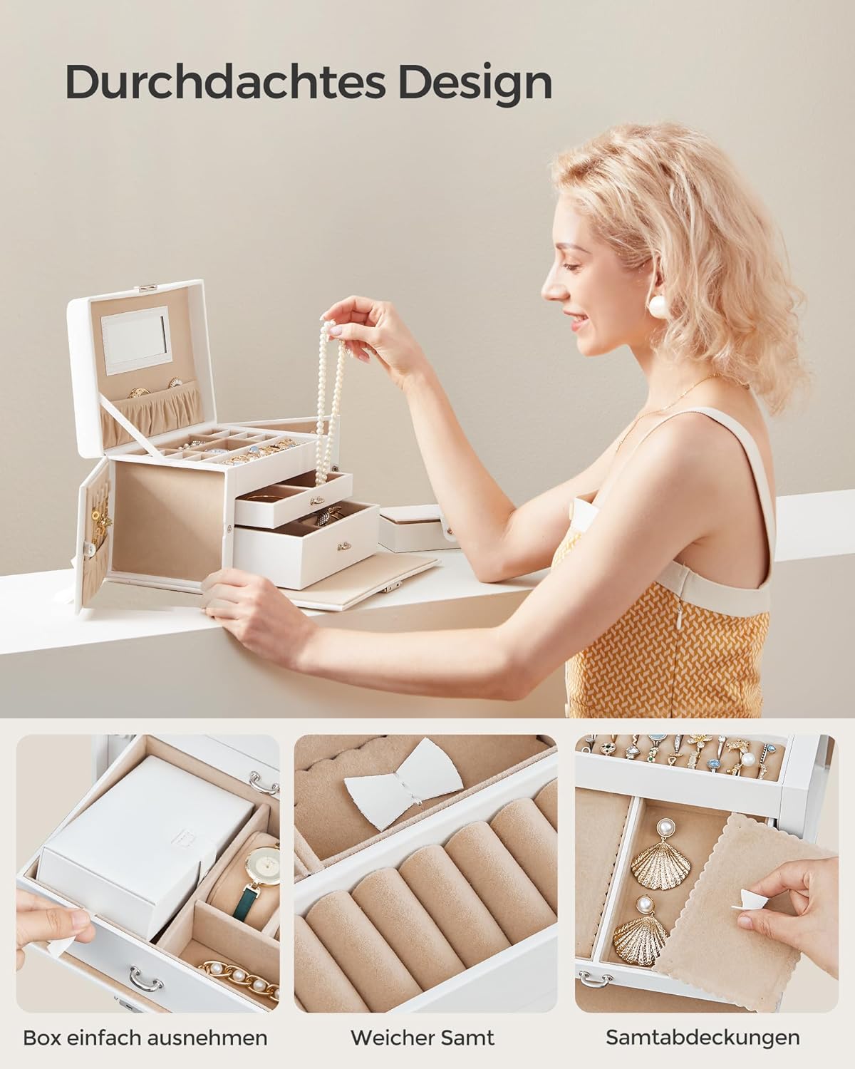 Songmics Φορητό Κουτί Αποθήκευσης Κοσμημάτων 3 Επιπέδων με Καθρέπτη και Κλειδαριά - White - JBC121W