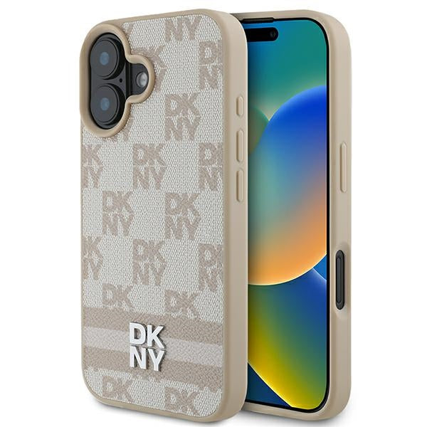 DKNY iPhone 16 - Checkered Pattern and Printed Stripes - Σκληρή Θήκη με Επένδυση Συνθετικού Δέρματος - Pink