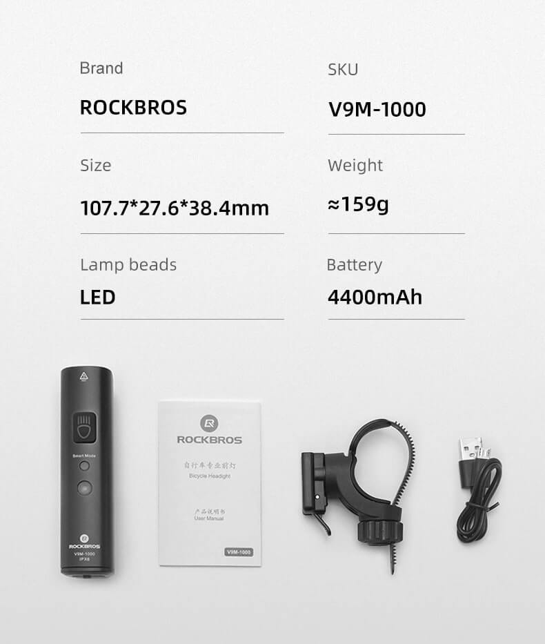 Rockbros V9M-1000 Μπροστινό Φως Ποδηλάτου 1000lm - Black