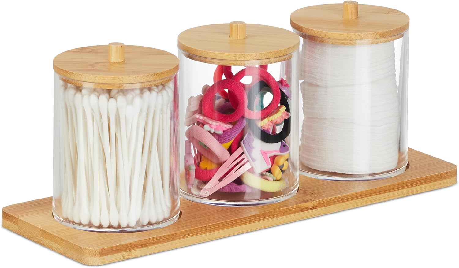 Relaxdays Σετ με 3 Πλαστικά Δοχεία Αποθήκευσης για το Μπάνιο με Δίσκο και Καπάκια από Μπαμπού - Διάφανα / Light Brown - 4052025479114