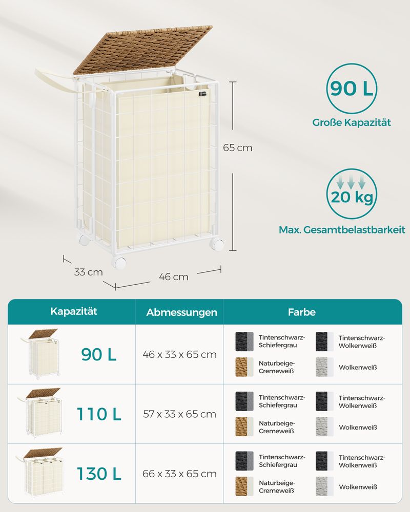 Songmics Τροχήλατο Αναδιπλούμενο Καλάθι Απλύτων με Καπάκι - 90L - Natural Beige / Cream White - LCB290N01