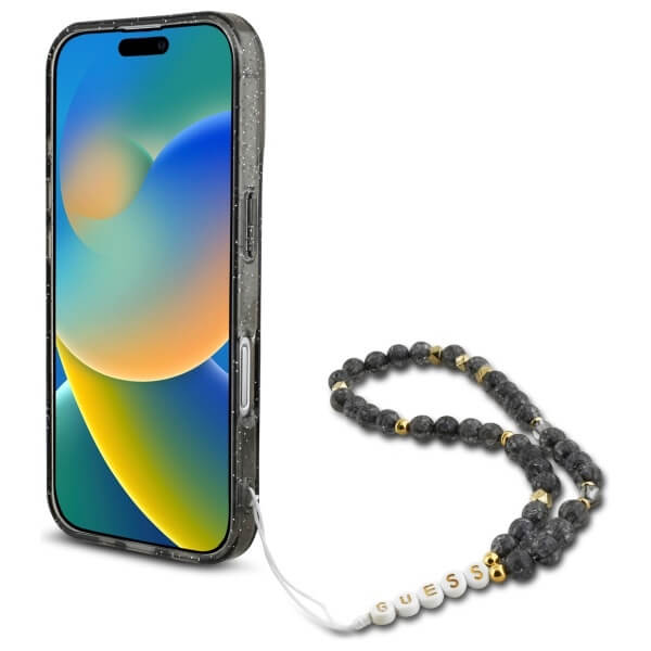 Guess iPhone 16 - IML Glitter With Pearl Strap MagSafe - Σκληρή Θήκη με Πλαίσιο Σιλικόνης και Λουράκι - Black - GUHMP16SHGCRELSK