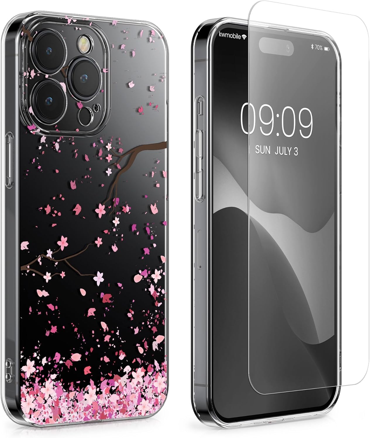 KW iPhone 15 Pro Max Θήκη Σιλικόνης TPU με Αντιχαρακτικό Γυαλί - Design Cherry Blossom Petals - Pink Dark / Brown / Διάφανη