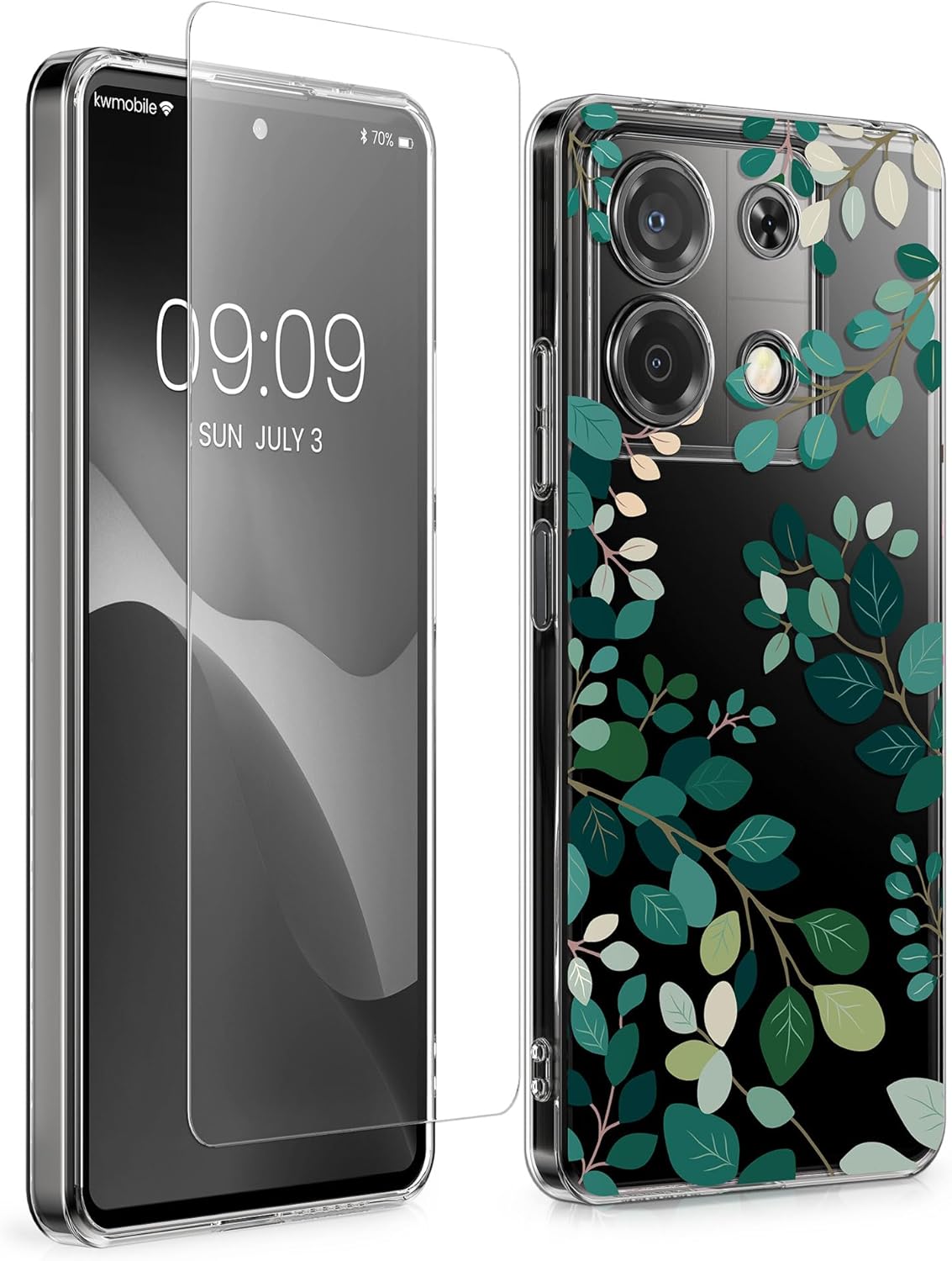 KW Xiaomi Redmi Note 13 5G Θήκη Σιλικόνης TPU με Αντιχαρακτικό Γυαλί - Design Spring Leaves - Green / Διάφανη