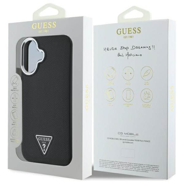 Guess iPhone 16 Plus - Grained Triangle MagSafe - Σκληρή Θήκη με Επένδυση Συνθετικού Δέρματος και Πλαίσιο Σιλικόνης - Black - GUHMP16MPGTSPSK