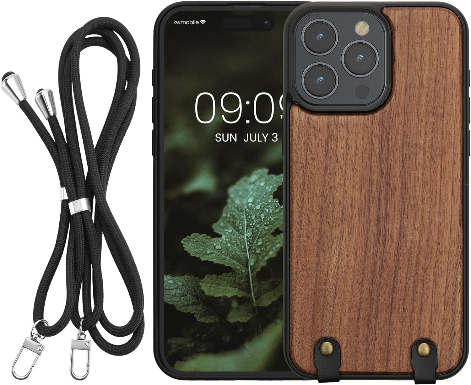 KW iPhone 15 Pro Max Θήκη από Φυσικό Ξύλο με Πλαίσιο Σιλικόνης και Λουράκι - Dark Brown