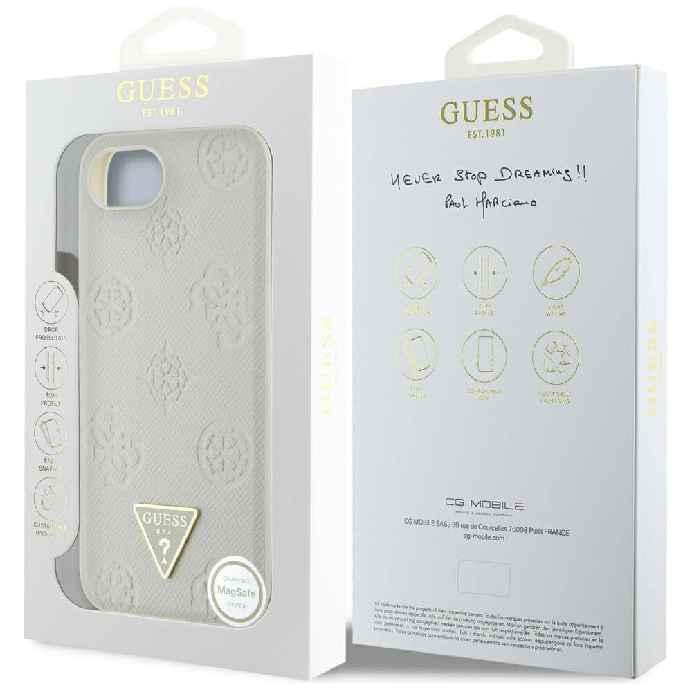 Guess iPhone 16e - Grained Hot Stamp Peony Triangle Logo - MagSafe Σκληρή Θήκη με Επένδυση Συνθετικού Δέρματος - Beige - GUHMPSE4PGBTME